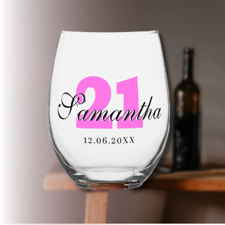 Bubblegum Birthday Number | Black 3D Name Date Stemless Wine Glass