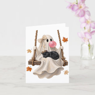 Bubblegum Ghost & Black Cat Swing Halloween  Card