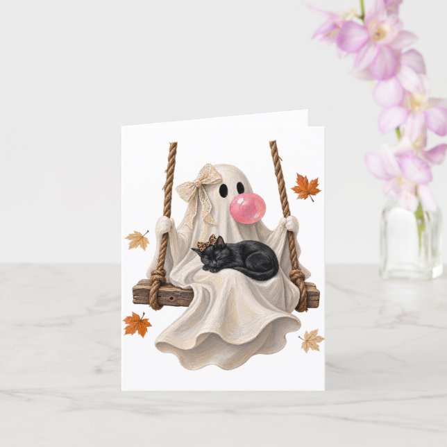 Bubblegum Ghost & Black Cat Swing Halloween  Card (Orchid)