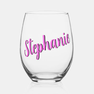 Bubblegum Pink 3D Elegant Handwritten Style Name Stemless Wine Glass