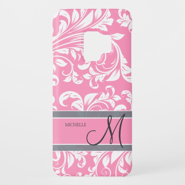 Bubblegum Pink and white floral damask w/ monogram Case-Mate Samsung Galaxy Case (Back)