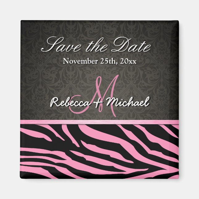 Bubblegum Pink & Black Zebra Stripes Save the Date Magnet (Front)