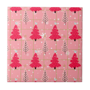 Bubblegum Pink Christmas Tree Snowflake Ceramic Tile