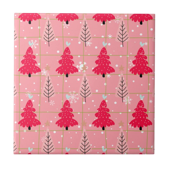 Bubblegum Pink Christmas Tree Snowflake Ceramic Tile (Front)