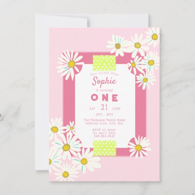 Bubblegum Pink Daisies Frame Little Miss Birthday  Invitation (Front)