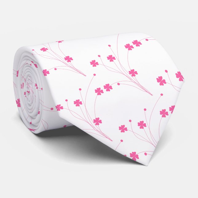Bubblegum Pink Flowers, Small Floral Print Tie (Rolled)