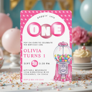Bubblegum Pink Poppin' Girl 1st Birthday Party Invitation