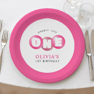 Bubblegum Pink Poppin Girl 1st Birthday Party Paper Plate