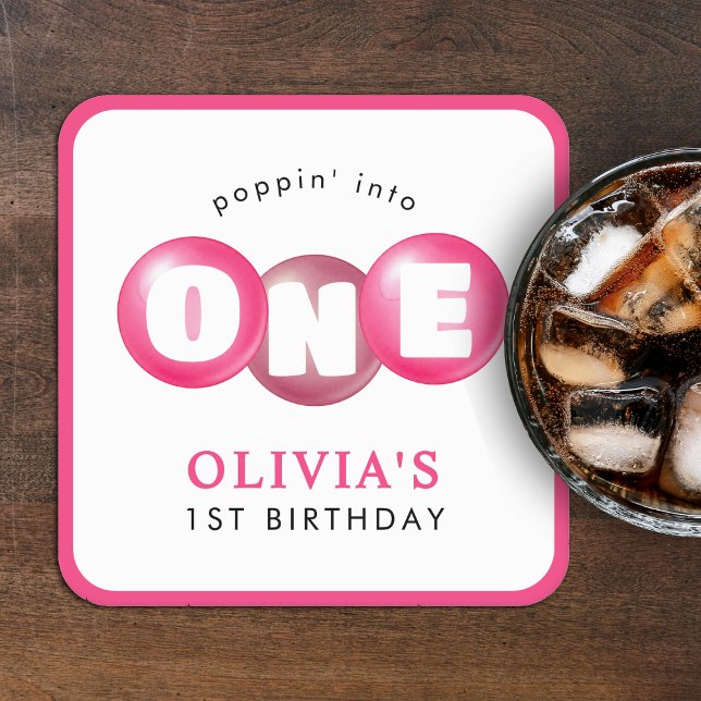 Bubblegum Pink Poppin Girl 1st Birthday Party Square Paper Coaster (Creator Uploaded)