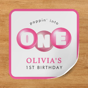 Bubblegum Pink Poppin Girl 1st Birthday Party Square Sticker