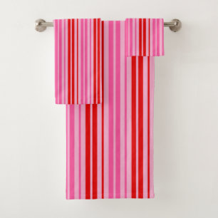 Bubblegum Pink Red Vertical Stripes Design Bath Towel Set