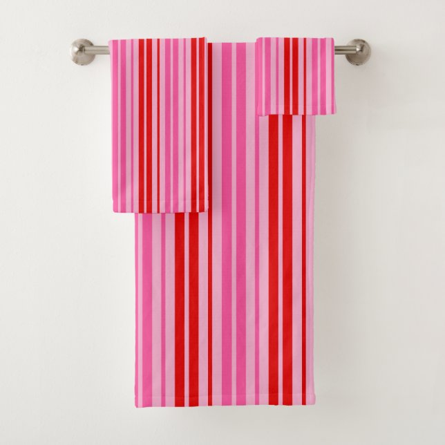 Bubblegum Pink Red Vertical Stripes Design   Bath Towel Set (Insitu)