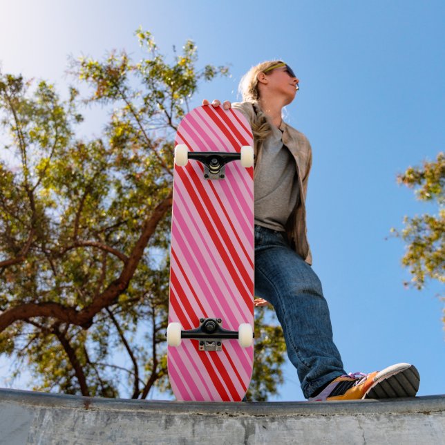 Bubblegum Pink Red Vertical Stripes Design   Skateboard (Outdoor 1)