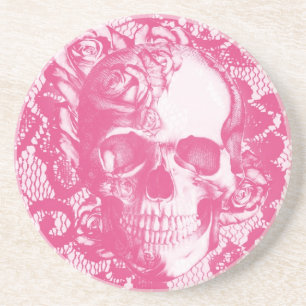 Bubblegum Pink rose skull on lace Coaster