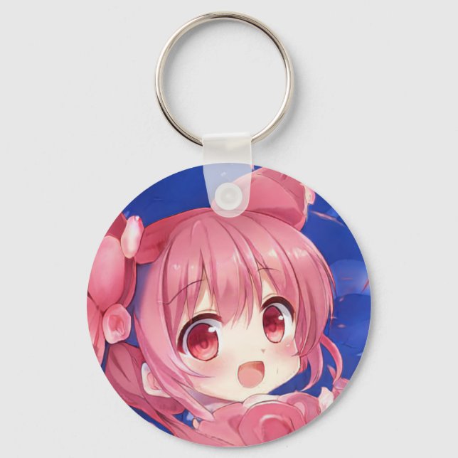 Bubblegum strawberry rose chibi anime girl manga key ring (Front)