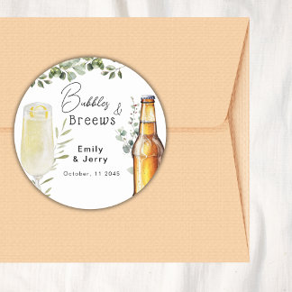 Bubbles And Breews Eucalyptus Couple Shower Party Classic Round Sticker