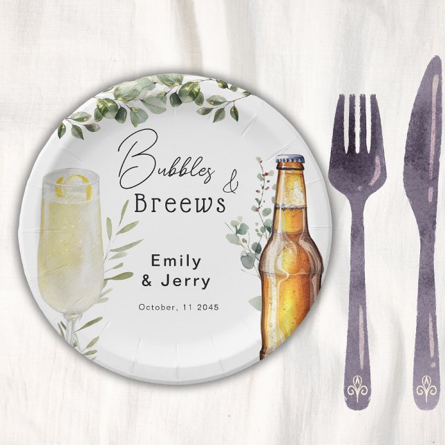Bubbles And Breews Eucalyptus Couple Shower Party Paper Plate (Creator Uploaded)