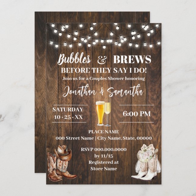 Bubbles and Brews Before I do Country Wedding Invitation (Front/Back)