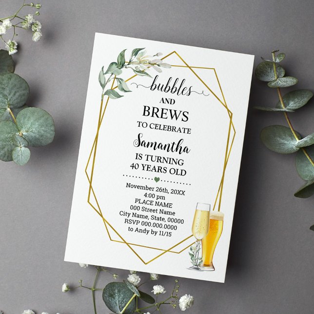 Bubbles and Brews Birthday Greenery Gold Invitation (Creator Uploaded)