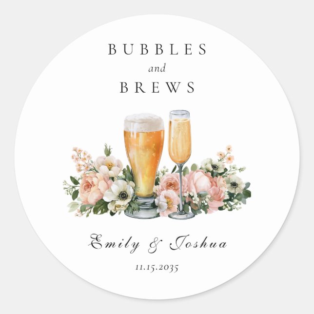 Bubbles and Brews Couples Shower Classic Round Sticker (Front)