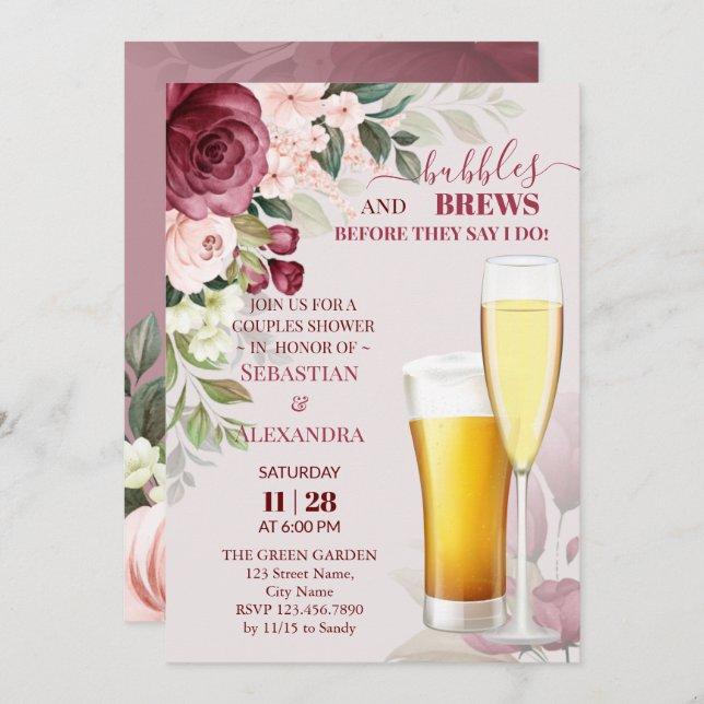 Bubbles and Brews Couples Shower Invitation (Front/Back)