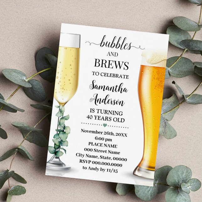 Bubbles and Brews Eucalyptus Greenery Birthday Invitation (Creator Uploaded)