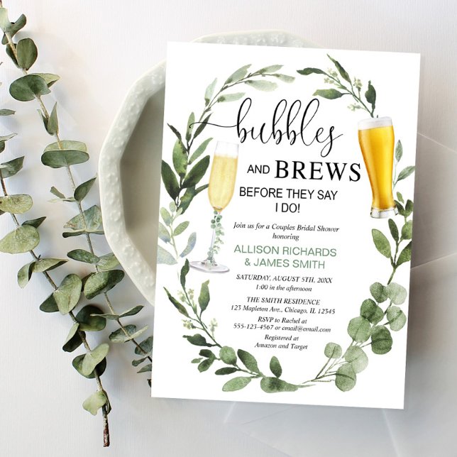 Bubbles and Brews greenery couples bridal shower Invitation (Creator Uploaded)