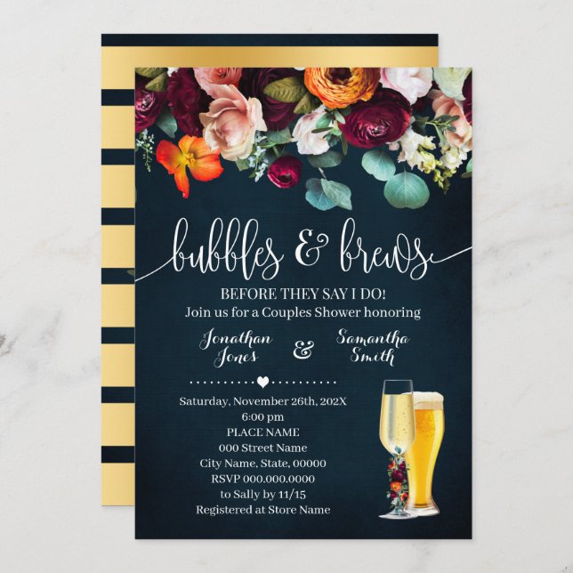 Bubbles and Brews Wine Flowers Blue Wedding Shower Invitation (Front/Back)