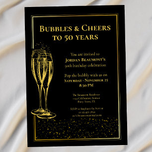 Bubbles and Cheers Black Gold 50th Birthday Party Invitation