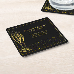 Bubbles and Cheers Black Gold 50th Birthday Party Square Paper Coaster