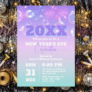 Bubbles and Lights Pastel Gradient New Year's Eve Invitation