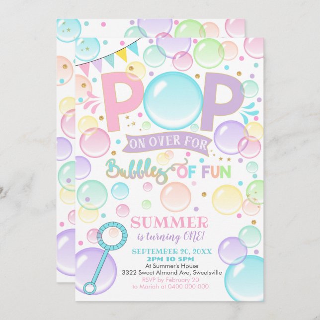 Bubbles Birthday Invitation Bubbles of Fun 1st (Front/Back)