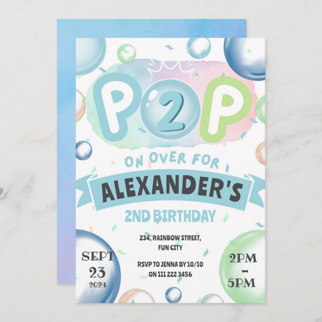 Bubbles Birthday Pop On Over Kids 1st 2nd 3rd 4th  Invitation (Front/Back)