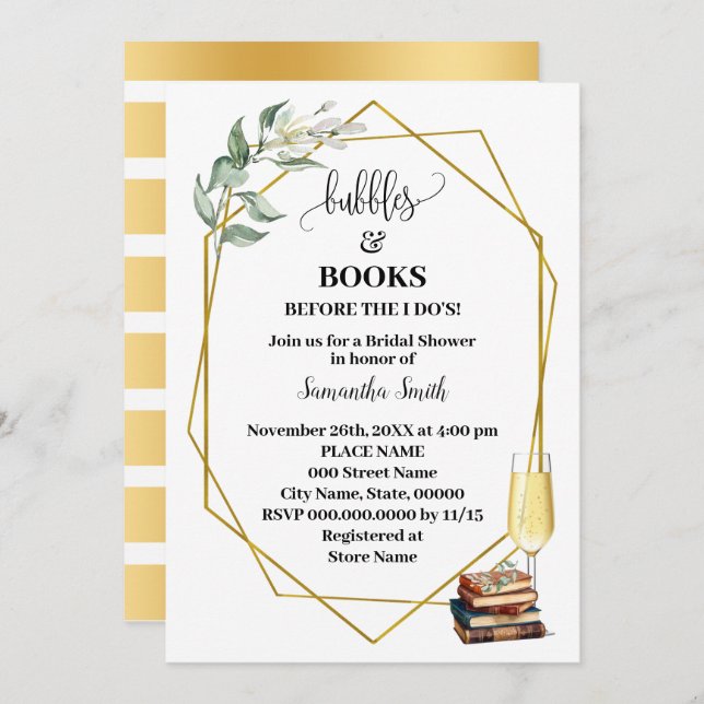 Bubbles & Books Before I Do Greenery Gold Shower Invitation (Front/Back)