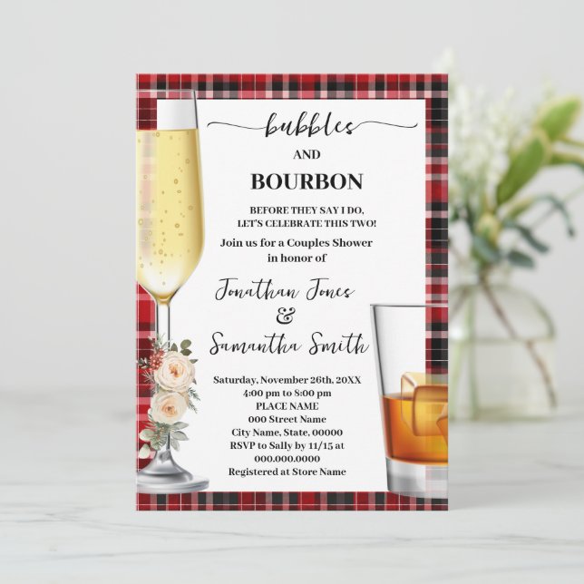 Bubbles & Bourbon Winter Buffalo Plaid Shower Invitation (Standing Front)