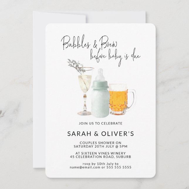 Bubbles & Brew Green Neutral Baby Shower Invitation (Front)