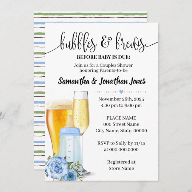Bubbles & brews before baby due blue baby shower invitation (Front/Back)
