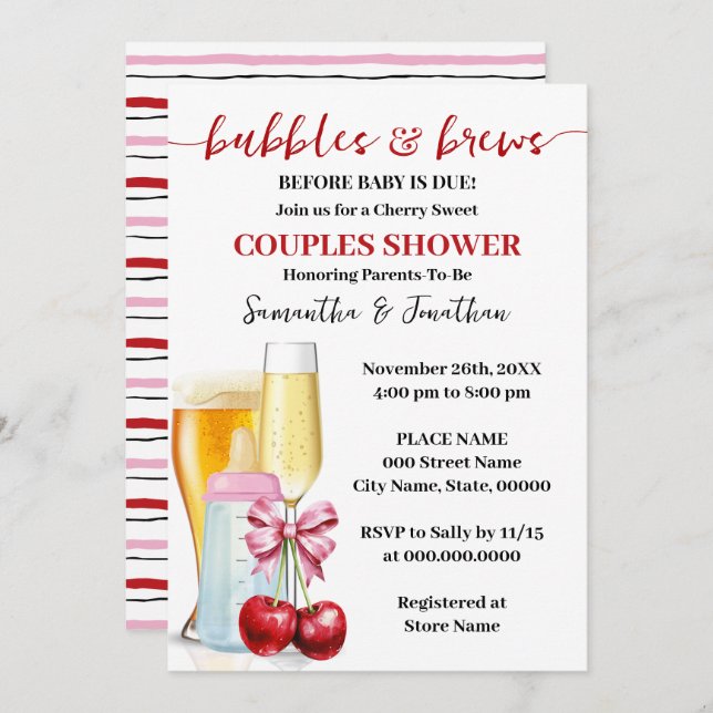 Bubbles & Brews before baby due Cherry Baby Shower Invitation (Front/Back)