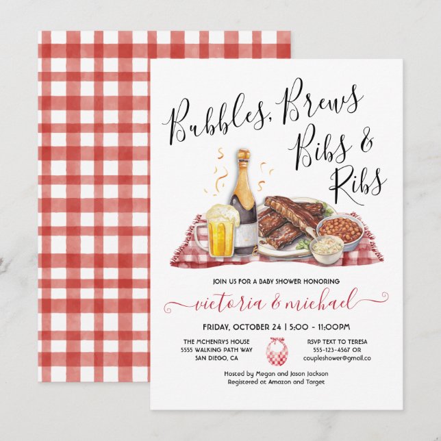Bubbles Brews Bibs and Ribs Baby Shower Invitation (Front/Back)