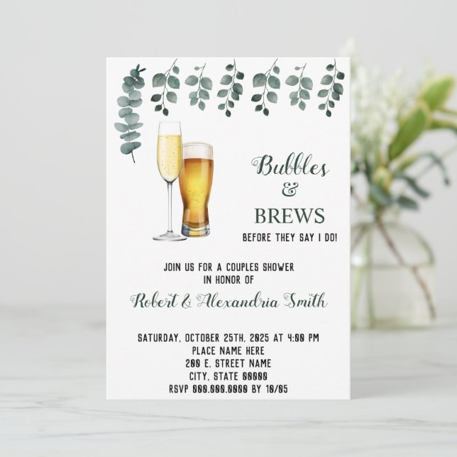 Bubbles & Brews Couples Wedding Shower Eucalyptus Invitation (Standing Front)