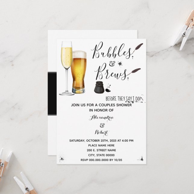 Bubbles & Brews Couples Wedding Shower Invitation (Front/Back In Situ)