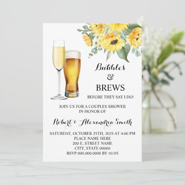 Bubbles & Brews Couples Wedding Shower Sunflowers  Invitation (Standing Front)