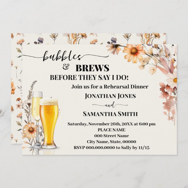 Bubbles & Brews Rehearsal Dinner Fall Wildflowers Invitation (Front/Back)