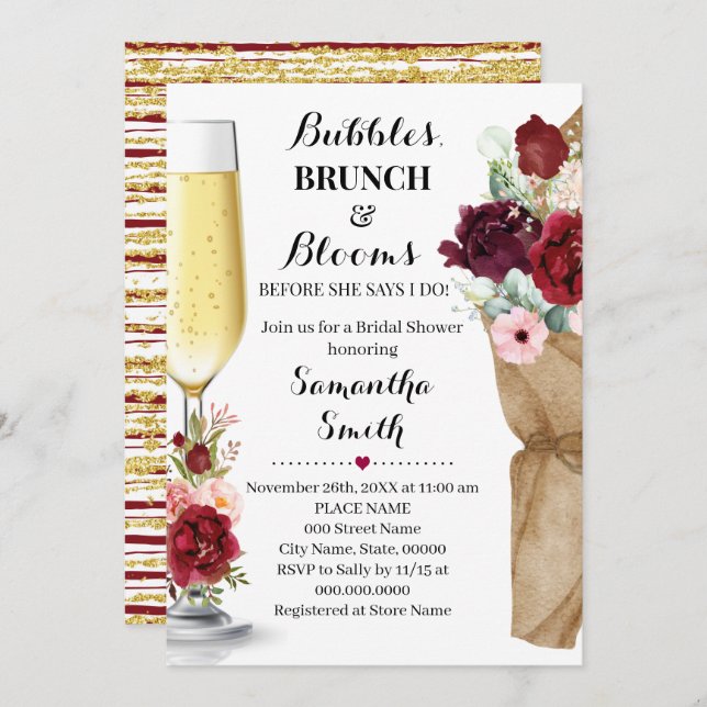 Bubbles Brunch & Blooms Marsala Bridal Shower Invi Invitation (Front/Back)