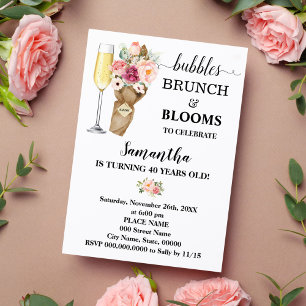 Bubbles Brunch & Blooms Pink Flowers Birthday Invitation