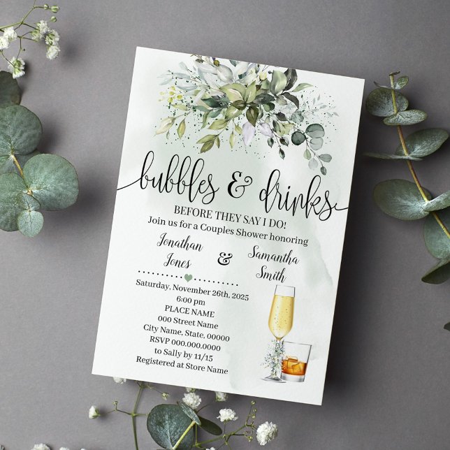 Bubbles & Drinks Bridal Shower Eucalyptus Greenery Invitation (Creator Uploaded)