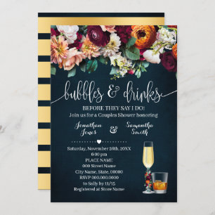 Bubbles & Drinks Couples Shower Wine Flowers Blue Invitation