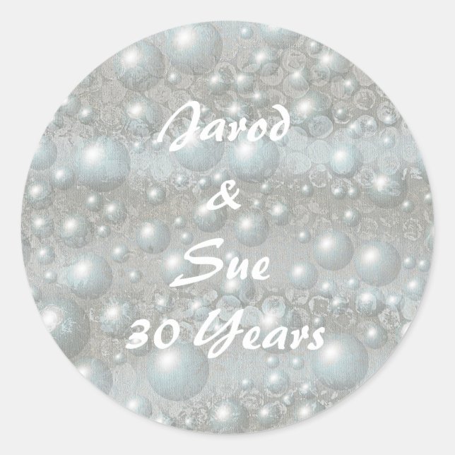 Bubbles Pearls Silver Blue Anniversary Stickers (Front)