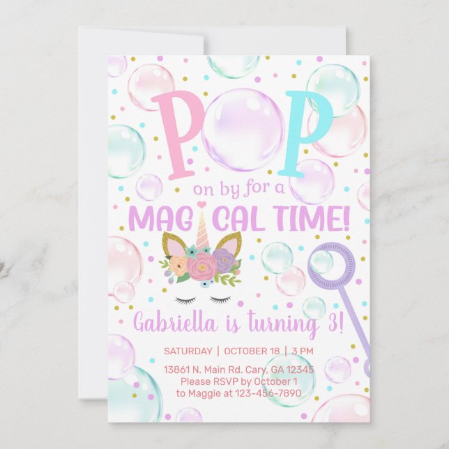 Bubbles pop on by unicorn girl birthday invite. invitation (Front)
