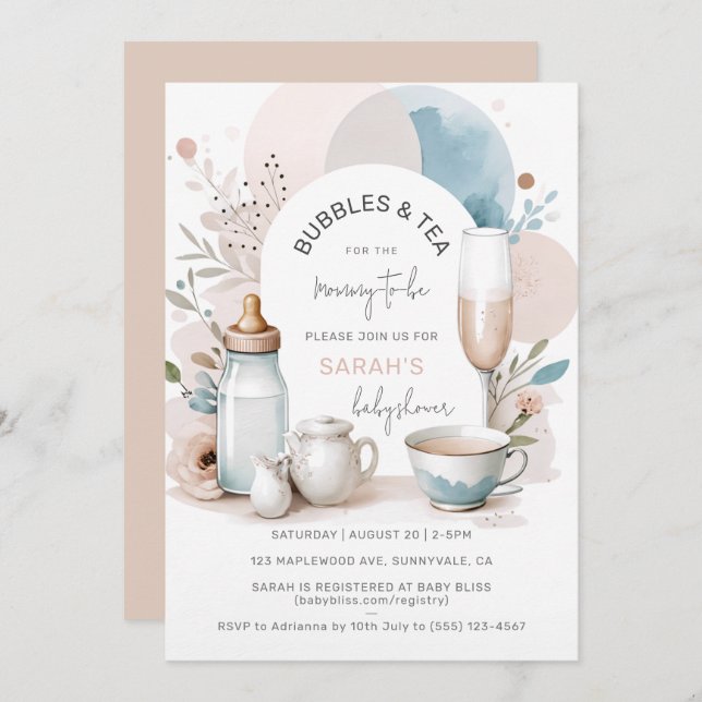 Bubbles & Tea Baby Shower Invitation for Mum to be (Front/Back)